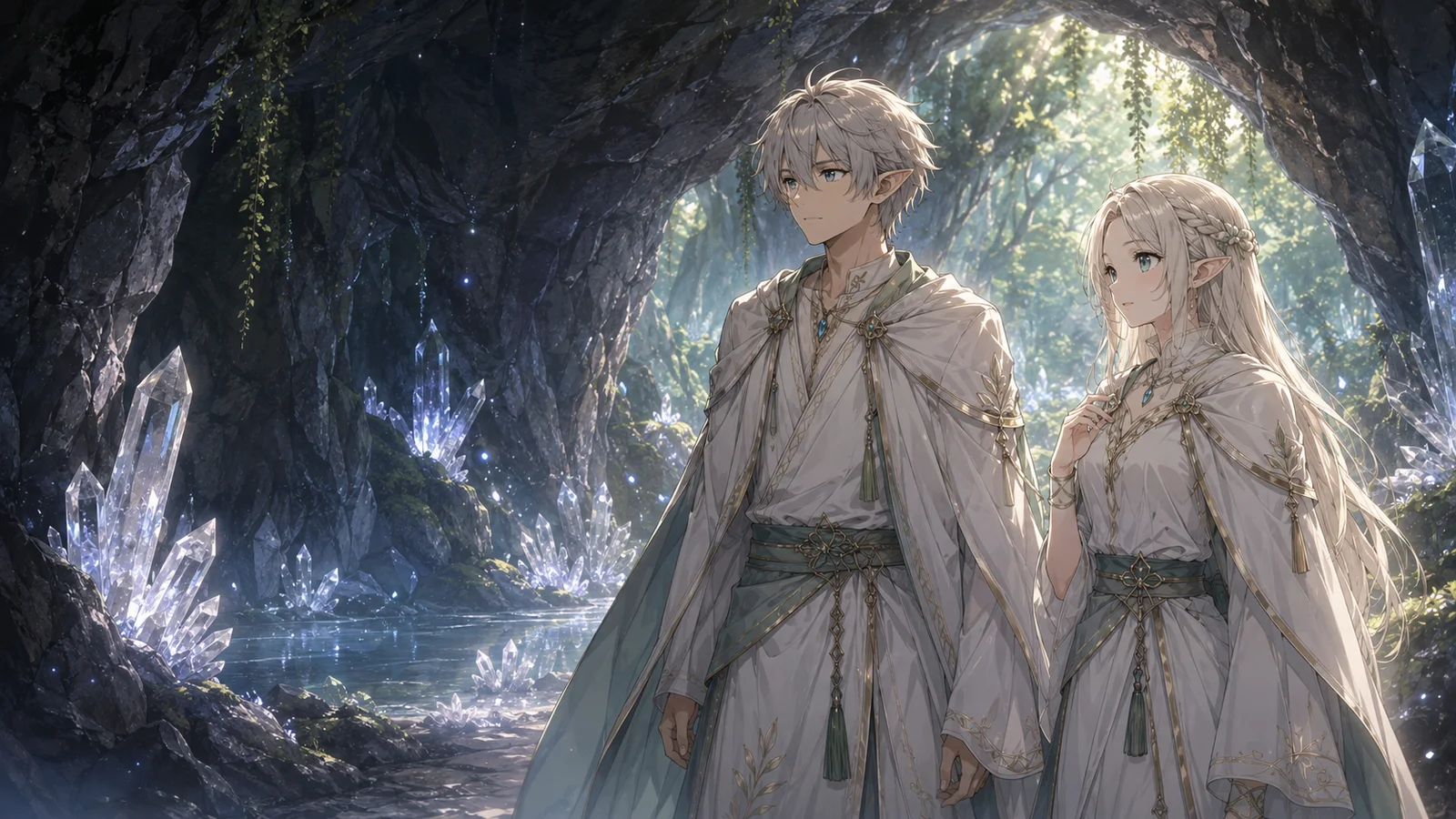 Kairos and Elira stand inside a hidden crystal cave, a quiet emotional place from his elven life.