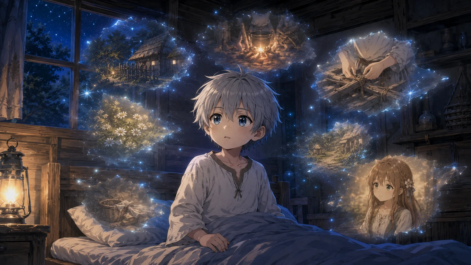 A young Kairos sits awake as dreamlike blue fragments of past homes and loved ones return around him.